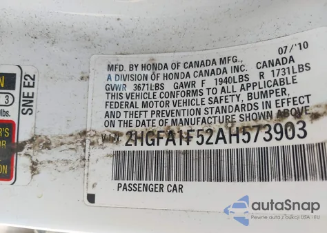 2010 Honda Civic Lx из США, поврежденный, VIN 2HGFA1F52AH573903